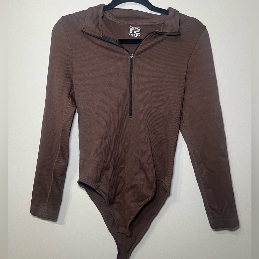 OQQ Brown Quarter-zip Bodysuit
